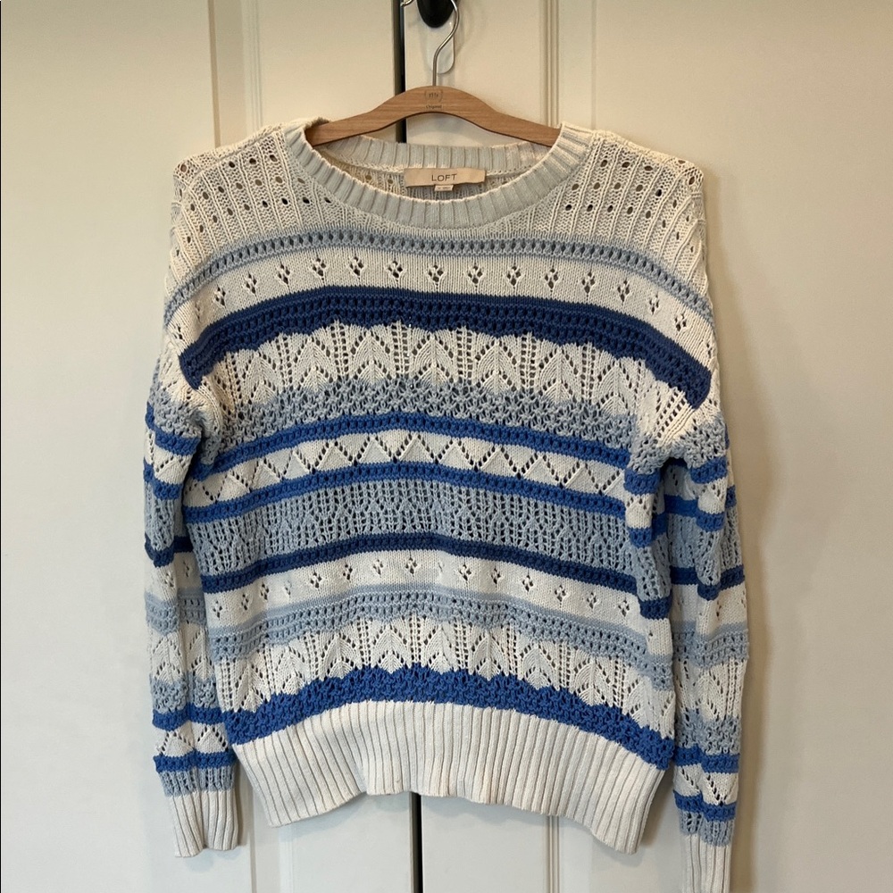 LOFT Cream Open-Knit Crewneck Sweater